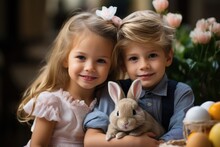 Happy Children Holding Bunny Rabbit In The Easter Time. Ai Generated