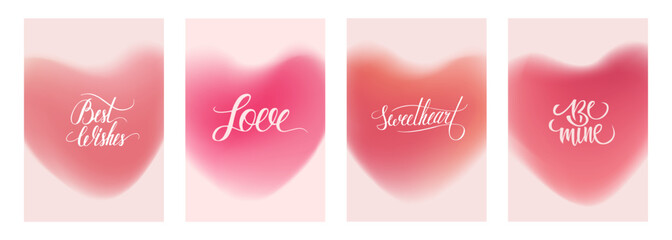 Poster - Red blurred hearts with romantic hand lettering. Set of cute backgrounds for wedding invitations and Happy Valentine's Day holiday greetings. Vector illustration.