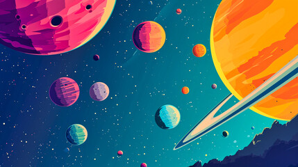 Canvas Print - Space background for kids with planets and stars from surface of Moon, cartoon illustration