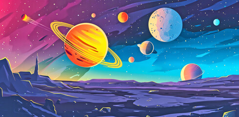 Canvas Print - Space flat background with planets and stars from surface of Moon, cartoon illustration