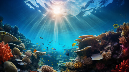 Underwater diving scene with natural sea life in the reef