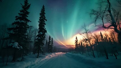 Canvas Print - Breathtaking display of aurora borealis over a snowy forest landscape at twilight