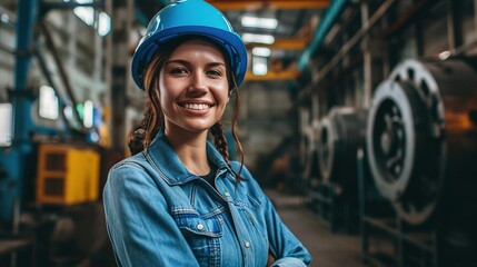 Wall Mural - Waist up portrait of cheerful young woman wearing hardhat smiling happily looking at camera while posing confidently in production workshop