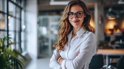 Wall Mural - Young businesswoman portrait. Self confident young woman with crossed arms smiling at office. People