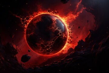 Wall Mural - Fiery Lava planet in space. Alien volcano. Generate Ai