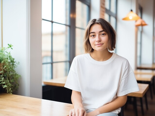 Wall Mural - Attractive young woman wearing blank empty oversize white t-shirt mockup for design template