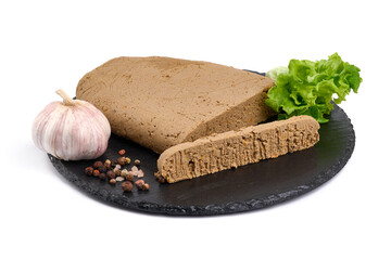 Wall Mural - Liver pate, foie gras, close-up, isolated on white background.