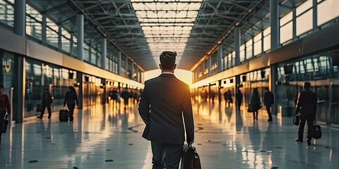 Businessman at airport presumably during business trip or travel. Dressed in professional suit and carries suitcase suggesting journey for work purposes