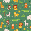 Seamless pattern with wild safari animals: lion, tiger, elephant, leopard, giraffe, zebra, crocodile, monkey on white background. Cute cartoon animal characters for kids. Vector illustration