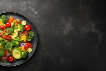 Wall Mural - Healthy salad with avocado, cherry tomatoes, cucumber, red onion and lettuce in bowl, copy space