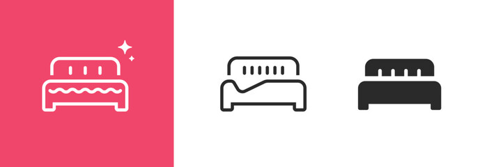 Poster - Bed icon as hotel hostel sign vector graphic simple pictogram illustration set line outline stroke art, motel room bedroom with blanket symbol, furniture sofa or couch linear image clipart glyph