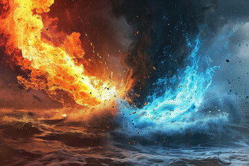 Poster - Abstract wallpaper of fire and water elements colliding