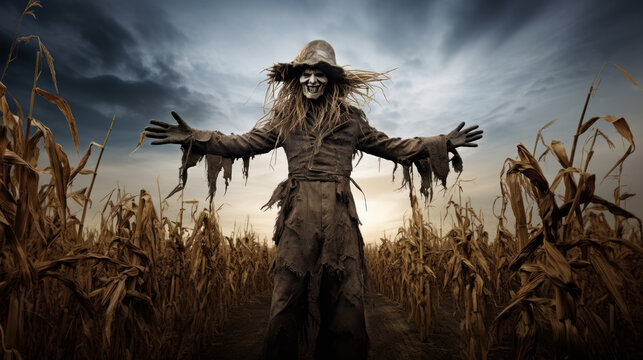 Monster scarecrow in the field at night