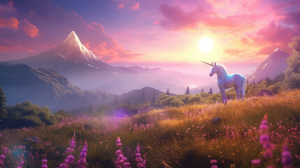 Wall Mural - Lovely unicorn in idyllic landscape