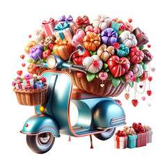 Wall Mural - A 3D-style cute scooter with a basket full of heart-shaped bouquets made of gift boxes. The scooter is designed with vibrant colors and a glossy finish, emphasizing its cute, cartoonish charm. 