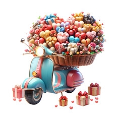 Wall Mural - A 3D-style cute scooter with a basket full of heart-shaped bouquets made of gift boxes. The scooter is designed with vibrant colors and a glossy finish, emphasizing its cute, cartoonish charm. 