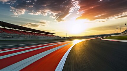 Race track, empty asphalt road on sunrise. Concept of motor sport, racing, competition. Motorway for competition. Tire tracks.