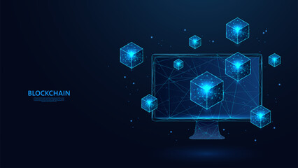 Aufkleber - Blockchain technology concept on abstract monitor screen in low poly wireframe futuristic style. Blue background with a sprinkling of shining stars.