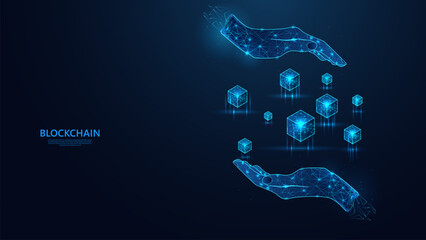 Aufkleber - Blockchain technology concept on abstract hand in low poly wireframe futuristic style. Blue background with a sprinkling of shining stars.