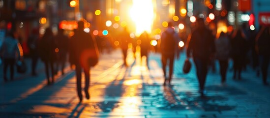 Wall Mural - Blurred city street background with silhouetted people