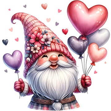 Valentine's day greeting card with Cute Gnome Holding Heart-Shaped Balloons