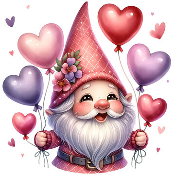 Valentine's day greeting card with Cute Gnome Holding Heart-Shaped Balloons
