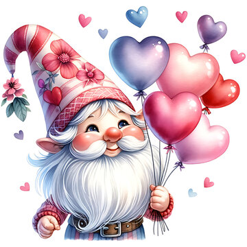 Valentine's day greeting card with Cute Gnome Holding Heart-Shaped Balloons