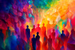 © Uliana - Illustration of a diverse and vibrant crowd in an abstract group. Gathering of people. Rhythm of the masses. Commotion among individuals. Array of vibrant colors.