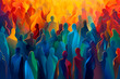 Illustration of a diverse and vibrant crowd in an abstract group. Gathering of people. Rhythm of the masses. Commotion among individuals. Array of vibrant colors.
