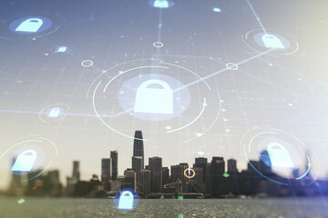 Poster - Double exposure of virtual creative lock hologram with chip on San Francisco city skyscrapers background. Information security concept