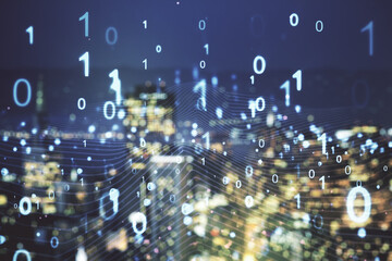 Aufkleber - Abstract virtual binary code hologram on blurry skyscrapers background, AI and machine learning concept. Multiexposure