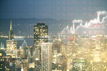 Poster - Double exposure of virtual creative financial diagram on San Francisco office buildings background, banking and accounting concept