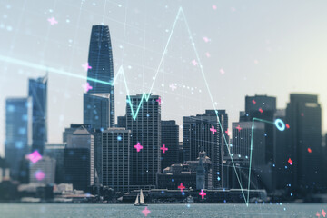 Poster - Abstract virtual heart pulse hologram on San Francisco cityscape background, online medical consulting concept. Multiexposure