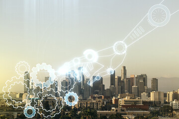 Aufkleber - Abstract virtual robotics technology hologram on Los Angeles cityscape background, artificial intelligence and machine learning concept. Multi exposure