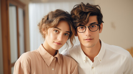 Wall Mural - Portrait of young couple of man and woman with modern nerd look, looking at camera