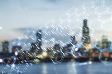 Poster - Abstract virtual wireless technology hologram with hexagon on blurry skyscrapers background, artificial intelligence and machine learning concept. Multi exposure
