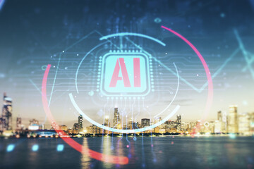Poster - Double exposure of creative artificial Intelligence abbreviation hologram on Chicago office buildings background. Future technology and AI concept