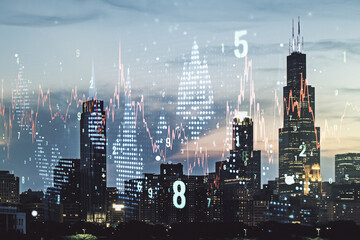 Poster - Abstract virtual financial graph hologram on Chicago cityscape background, financial and trading concept. Multiexposure