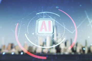 Poster - Double exposure of creative artificial Intelligence abbreviation hologram on blurry office buildings background. Future technology and AI concept