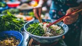 Fototapeta  - Vietnam's Flavorful Streets: Traditional Street Food, A Close-up Culinary Adventure, from the Fragrant Bowls of Phos, in Bustling Markets