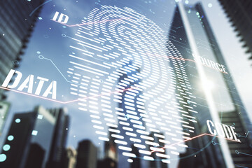 Poster - Multi exposure of virtual fingerprint scan interface on blurry cityscape background, digital access concept