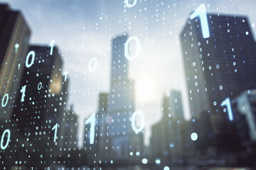Aufkleber - Abstract virtual binary code sketch on blurry cityscape background, hacking and matrix concept. Multiexposure