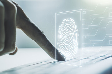 Aufkleber - Double exposure of abstract creative fingerprint hologram with hands typing on laptop on background, research and development concept