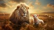 lion and lamb lying together, bible and christianity symbol of peace and paradise 