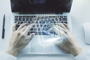 Poster - Creative artificial Intelligence concept with human brain sketch and hands typing on computer keyboard on background. Double exposure