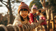 日本の幼稚園児・保育園児4人が長袖の冬服で木の大型遊具の上で笑っている写真、幼児教育