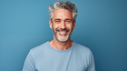 Attractive mature man 50s age senior model with grey hair laughing and smiling. Mature old man close-up portrait. Healthy face skin care beauty, skincare cosmetics, dental, health, beautiful.