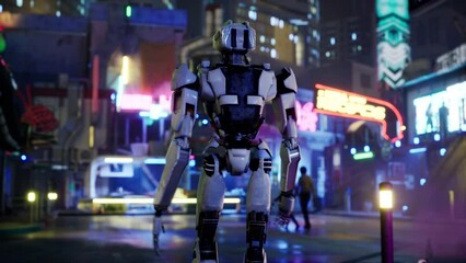 robot walking along a street in a big city. humanoid AI robot crossing street. 3d animation. future automation job.