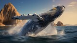 giant gorgeous whale jumping ot of sea water at sunset
