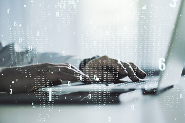 Poster - Multi exposure of abstract graphic coding sketch with world map and hands typing on computer keyboard on background, big data and networking concept